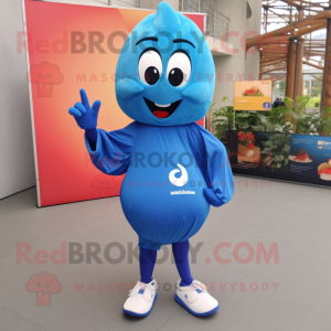 Blue Plum mascot costume character dressed with a Long Sleeve Tee and Shoe laces