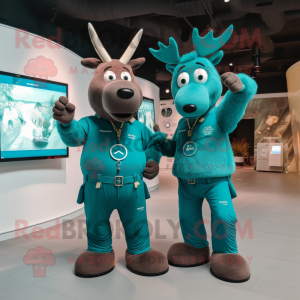 Teal Moose mascot costume character dressed with a Jumpsuit and Smartwatches