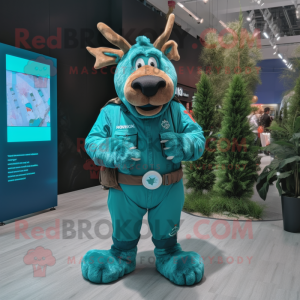 Teal Moose mascot costume character dressed with a Jumpsuit and Smartwatches