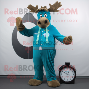 Teal Moose mascot costume character dressed with a Jumpsuit and Smartwatches