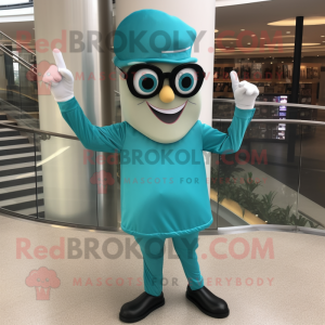 Turquoise Champagne mascot costume character dressed with a Jeggings and Eyeglasses