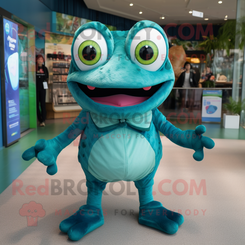 Teal Frog mascot costume character dressed with a Shorts and Cummerbunds Teal Frog mascot costume character dressed with a Shorts and Cummerbunds