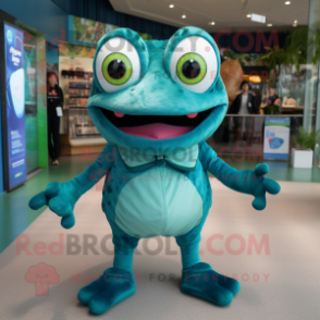 Teal Frog mascot costume character dressed with a Shorts and Cummerbunds