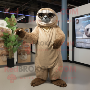 Tan Giant Sloth mascot costume character dressed with a Wrap Dress and Eyeglasses