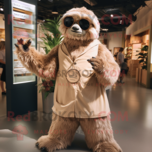 Tan Giant Sloth mascot costume character dressed with a Wrap Dress and Eyeglasses