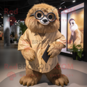 Tan Giant Sloth mascot costume character dressed with a Wrap Dress and Eyeglasses