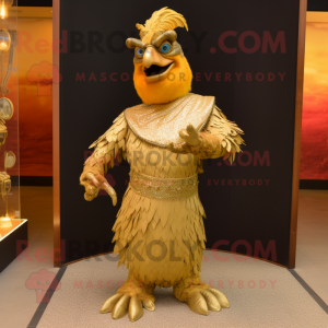 Gold Tandoori Chicken mascot costume character dressed with a Evening Gown and Belts