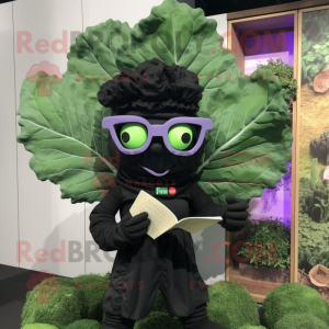 Black Cabbage mascot costume character dressed with a Playsuit and Reading glasses