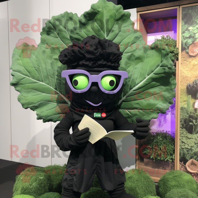 Black Cabbage mascot costume character dressed with a Playsuit and Reading glasses Black Cabbage mascot costume character dressed with a Playsuit and Reading glasses