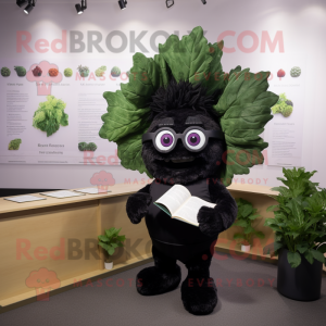 Black Cabbage mascot costume character dressed with a Playsuit and Reading glasses