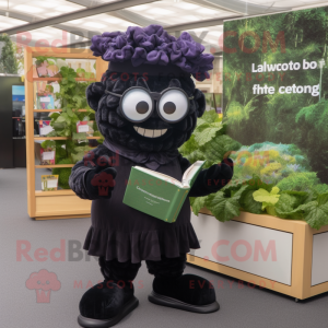 Black Cabbage mascot costume character dressed with a Playsuit and Reading glasses