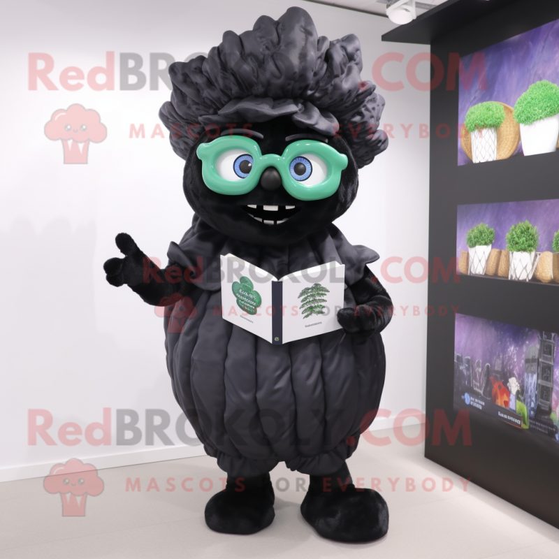 Black Cabbage mascot costume character dressed with a Playsuit and Reading glasses