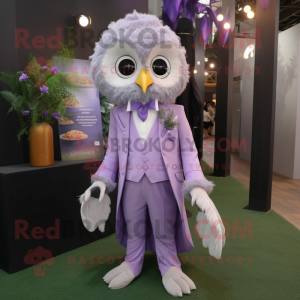 Lavender Owl mascot costume character dressed with a Suit Jacket and Hairpins