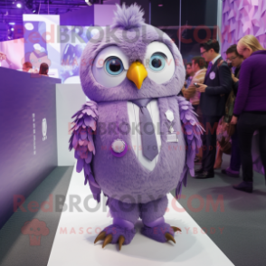 Lavender Owl mascot costume character dressed with a Suit Jacket and Hairpins