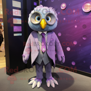Lavender Owl mascot costume character dressed with a Suit Jacket and Hairpins