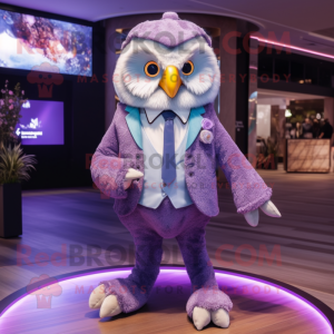 Lavender Owl mascot costume character dressed with a Suit Jacket and Hairpins