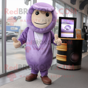 Purple Bagels mascot costume character dressed with a Suit Pants and Shawl pins