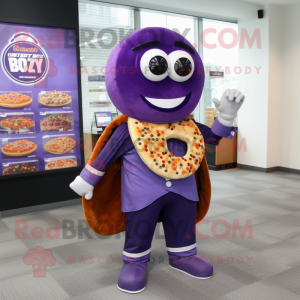 Purple Bagels mascot costume character dressed with a Suit Pants and Shawl pins