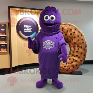 Purple Bagels mascot costume character dressed with a Suit Pants and Shawl pins