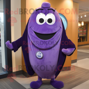 Purple Bagels mascot costume character dressed with a Suit Pants and Shawl pins