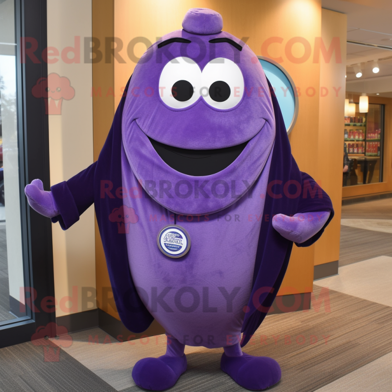 Purple Bagels mascot costume character dressed with a Suit Pants and Shawl pins Purple Bagels mascot costume character dressed with a Suit Pants and Shawl pins