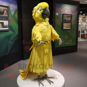 Lemon Yellow Macaw mascot costume character dressed with a Pleated Skirt and Brooches