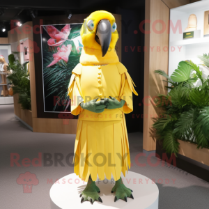 Lemon Yellow Macaw mascot costume character dressed with a Pleated Skirt and Brooches