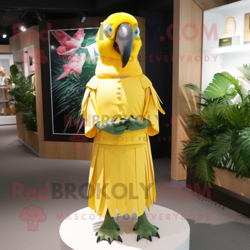 Lemon Yellow Macaw mascot costume character dressed with a Pleated Skirt and Brooches Lemon Yellow Macaw mascot costume character dressed with a Pleated Skirt and Brooches