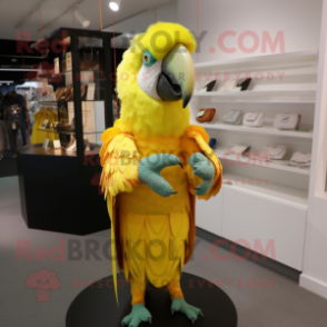 Lemon Yellow Macaw mascot costume character dressed with a Pleated Skirt and Brooches