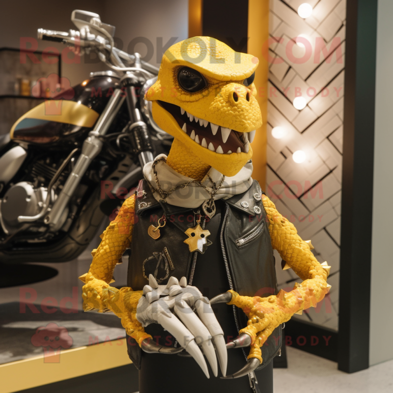 Gold Dimorphodon mascot costume character dressed with a Biker Jacket and Necklaces