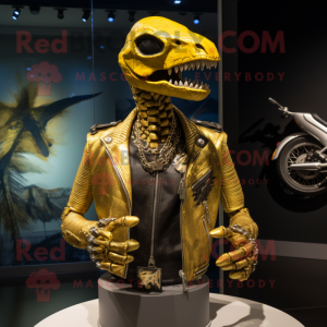 Gold Dimorphodon mascot costume character dressed with a Biker Jacket and Necklaces