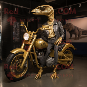 Gold Dimorphodon mascot costume character dressed with a Biker Jacket and Necklaces