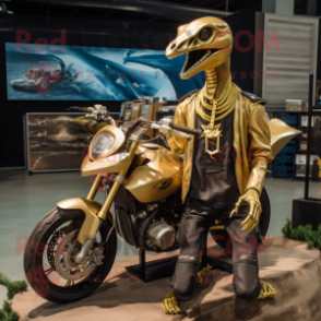 Gold Dimorphodon mascot costume character dressed with a Biker Jacket and Necklaces