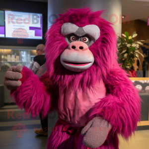 Magenta Baboon mascot costume character dressed with a Leggings and Mittens