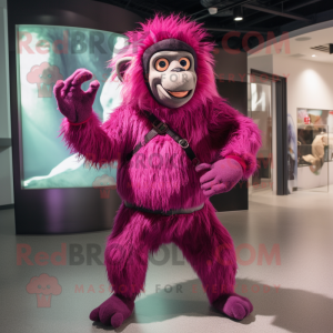 Magenta Baboon mascot costume character dressed with a Leggings and Mittens