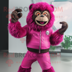 Magenta Baboon mascot costume character dressed with a Leggings and Mittens