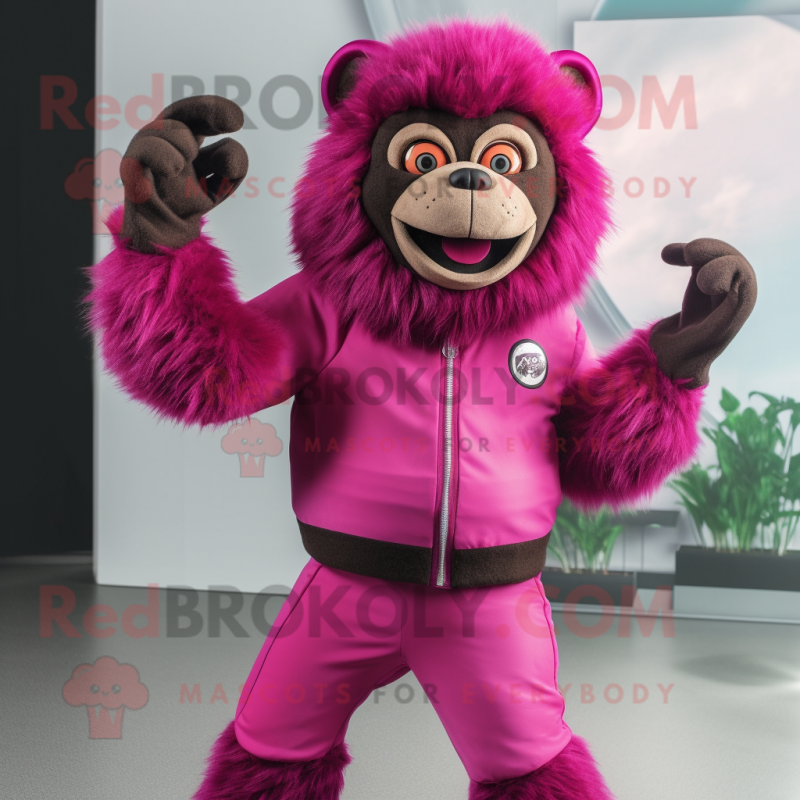 Magenta Baboon mascot costume character dressed with a Leggings and Mittens Magenta Baboon mascot costume character dressed with a Leggings and Mittens