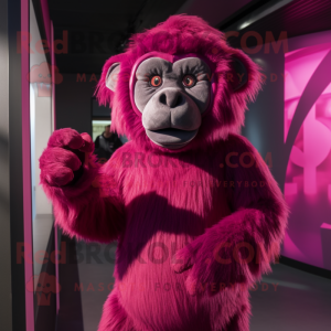 Magenta Baboon mascot costume character dressed with a Leggings and Mittens