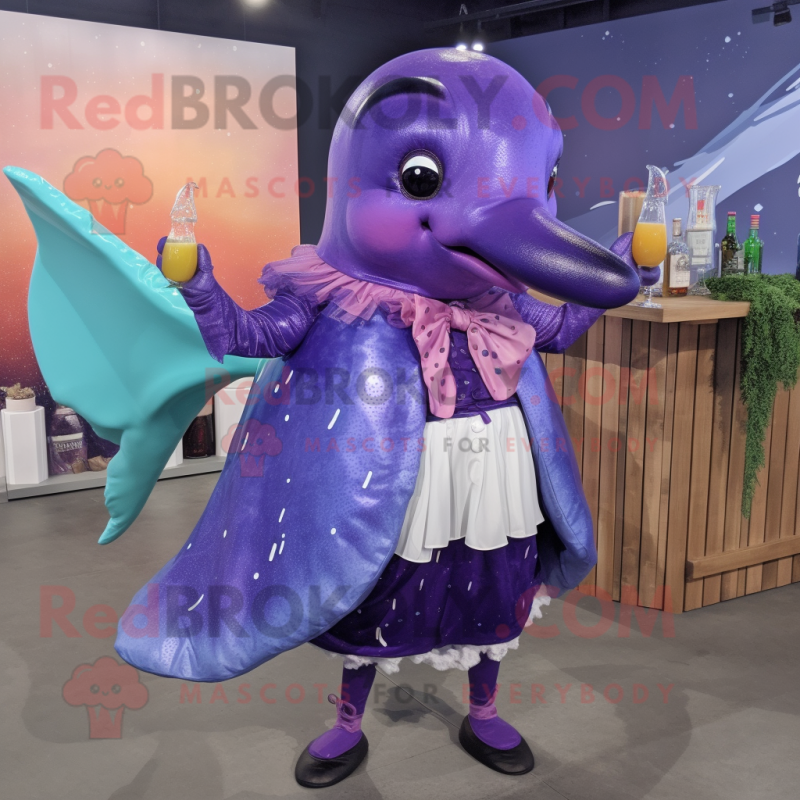 Purple Humpback Whale mascot costume character dressed with a Cocktail Dress and Bow ties