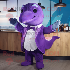 Purple Humpback Whale mascot costume character dressed with a Cocktail Dress and Bow ties