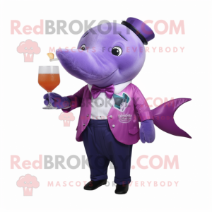 Purple Humpback Whale mascot costume character dressed with a Cocktail Dress and Bow ties