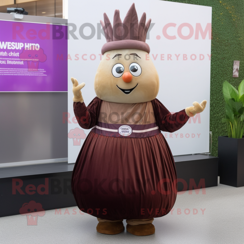 Brown Onion mascot costume character dressed with a Empire Waist Dress and Watches