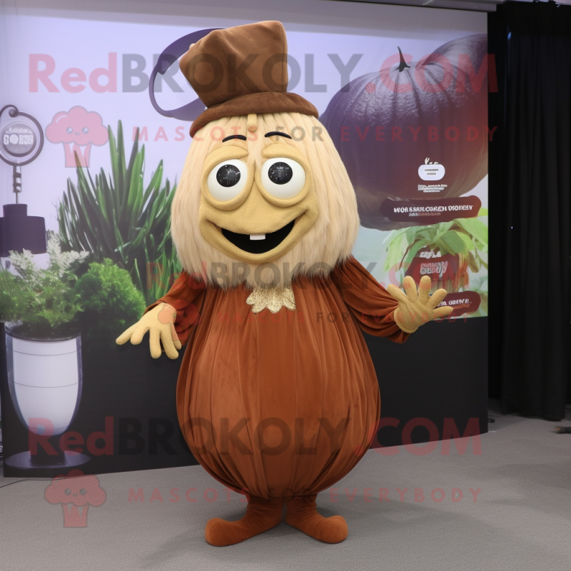 Brown Onion mascot costume character dressed with a Empire Waist Dress and Watches