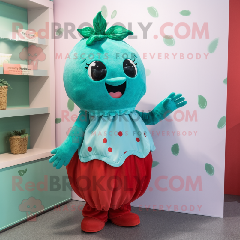 Teal Strawberry mascot costume character dressed with a Shift Dress and Hair clips