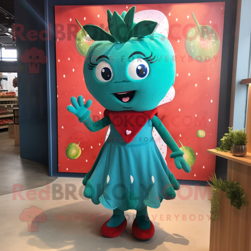 Teal Strawberry mascot costume character dressed with a Shift Dress and Hair clips