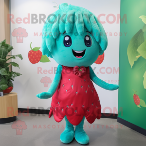 Teal Strawberry mascot costume character dressed with a Shift Dress and Hair clips