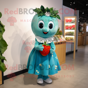 Teal Strawberry mascot costume character dressed with a Shift Dress and Hair clips