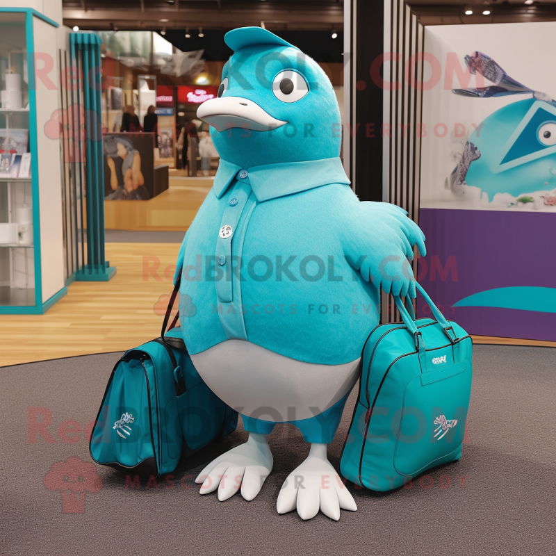 Turquoise Pigeon mascot costume character dressed with a Henley Tee and Tote bags Turquoise Pigeon mascot costume character dressed with a Henley Tee and Tote bags