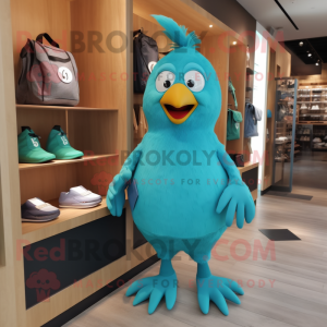 Turquoise Pigeon mascot costume character dressed with a Henley Tee and Tote bags