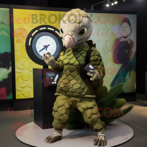 Olive Pangolin mascot costume character dressed with a Mini Dress and Digital watches